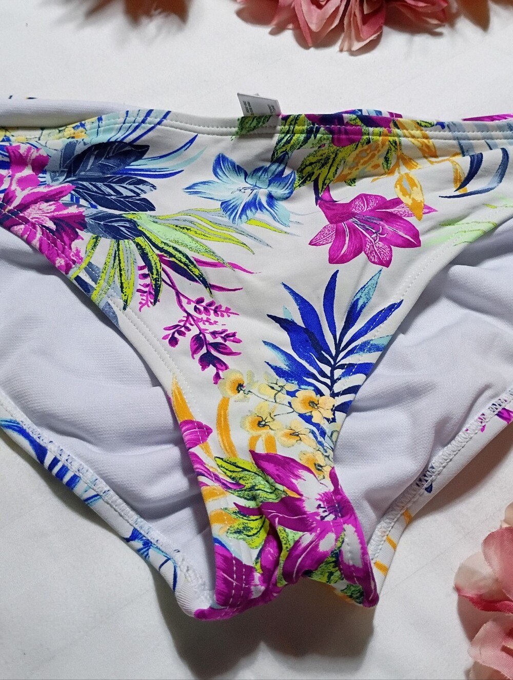 Ambrielle White Tropical Floral Bikini Bottoms - Pink Blue Yellow
